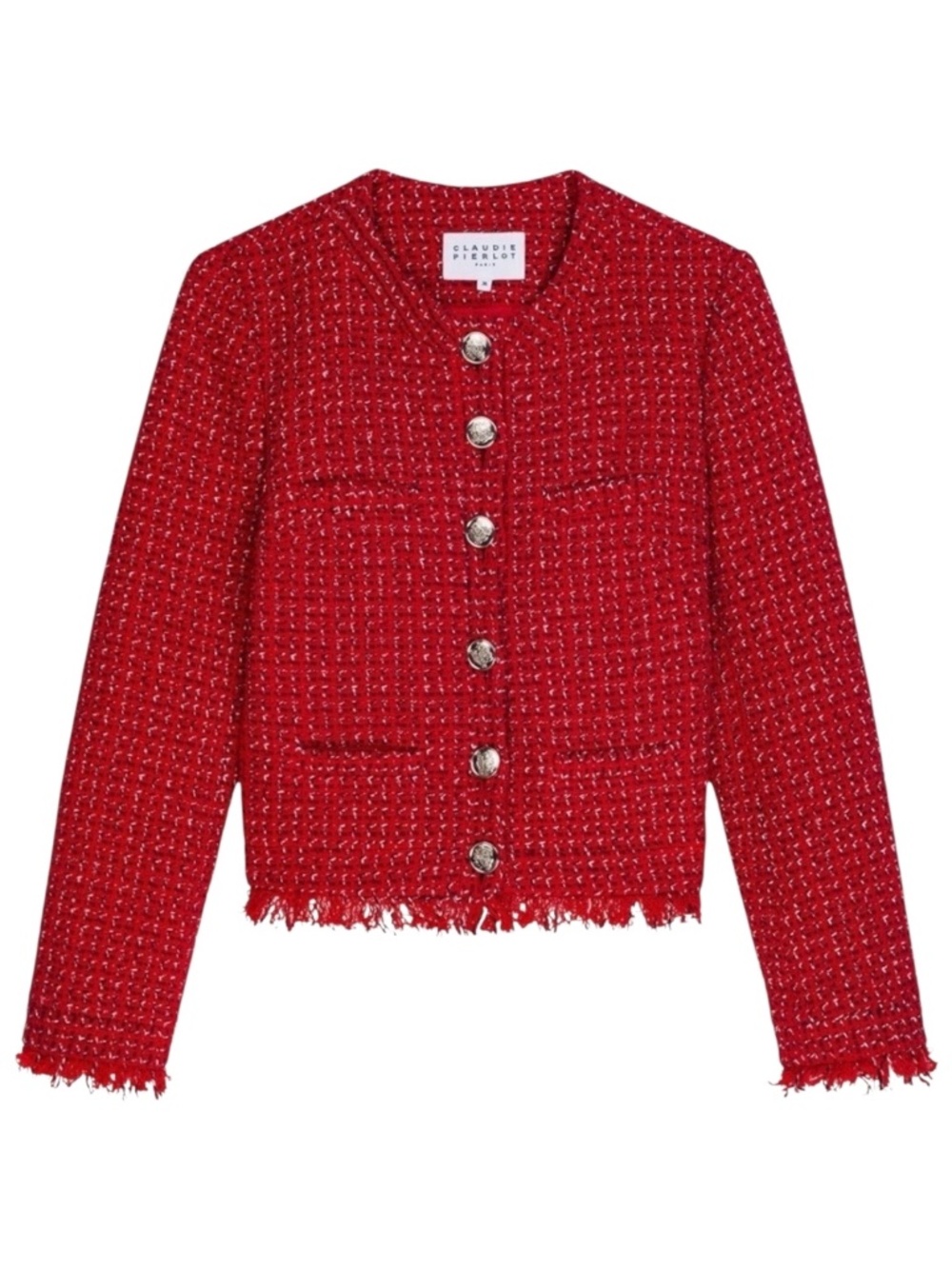 Claudie Pierlot Paris Red Tweed Boucle Fringe Jacket Blazer Size 8 NWT